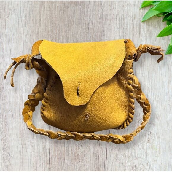 8” Leather Drum Pouch Hand Bag/Medicine Pouch with Button Closure Braided Strap - Picture 1 of 7